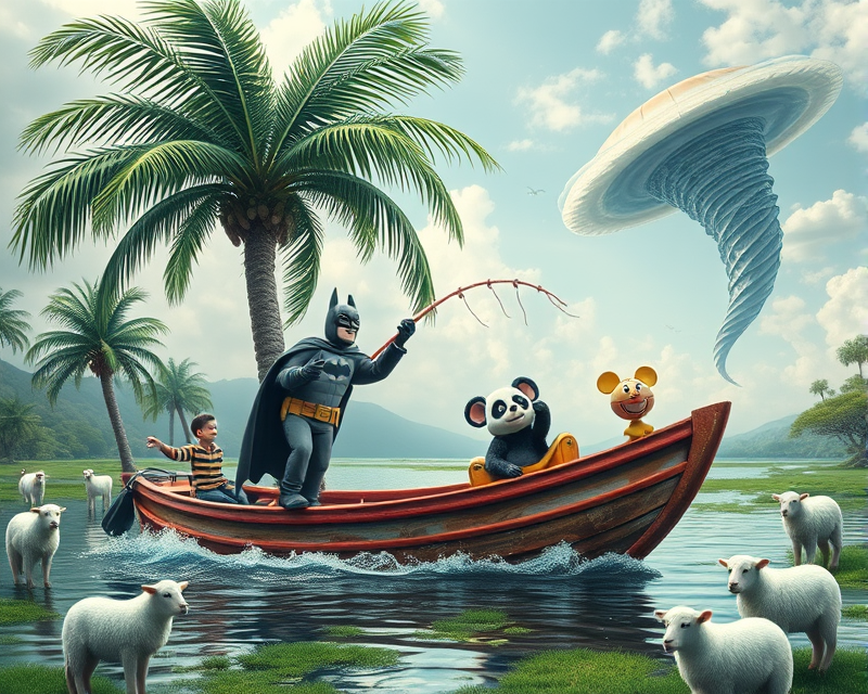 palm tree, puppet, boat, batman, monkey, mickey mouse, car, muffin, tornado, panda, dice, sheep